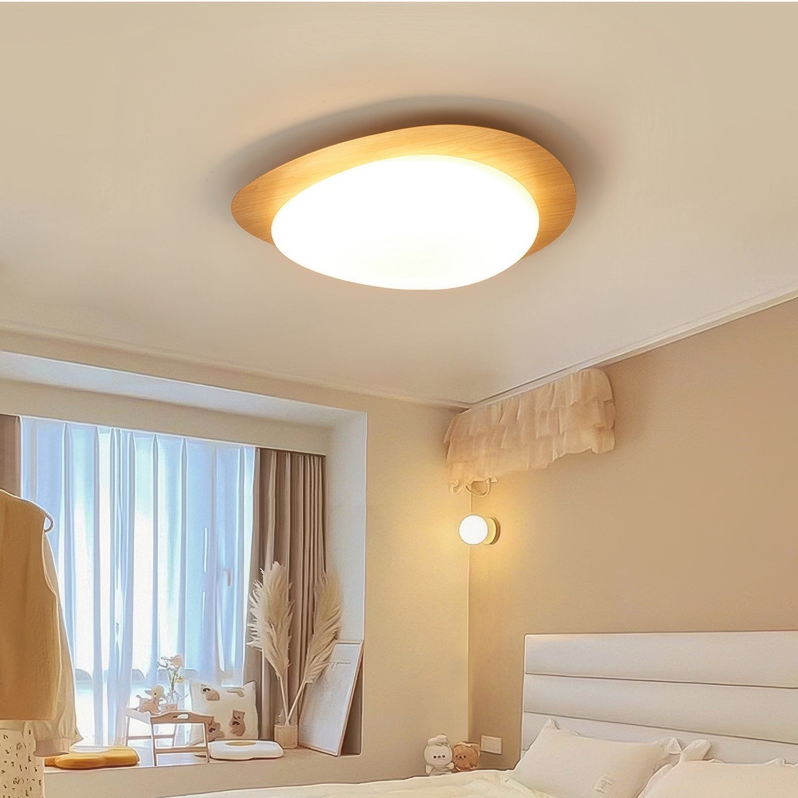 Scandinavian LED ceiling light in walnut-grain wood